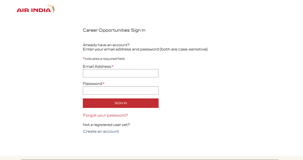 Air India Cabin Crew online application.