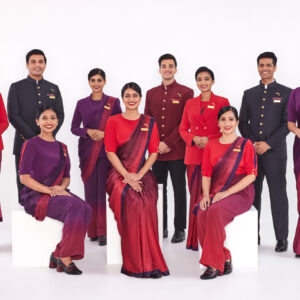 Air India Cabin Crew members wearing new uniforma.
