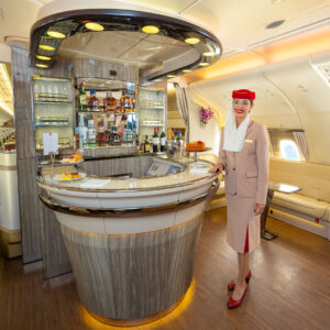 Emirates female Cabin Crew at the sky bar.
