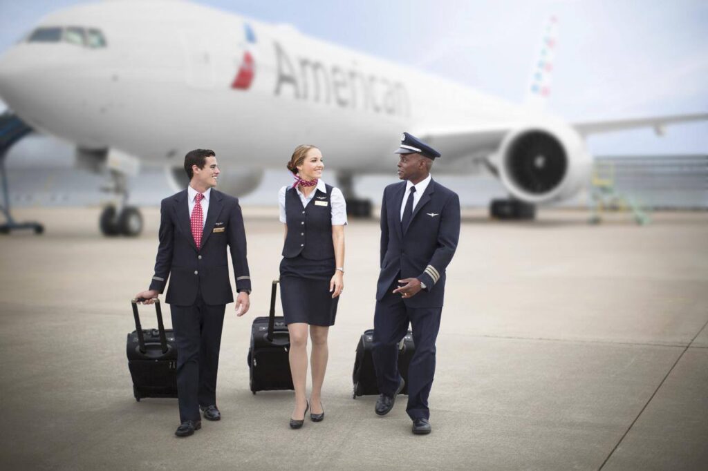 American Airlines Flight Attendants and Captain on tarmac.