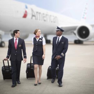 American Airlines Flight Attendants and Captain on tarmac.