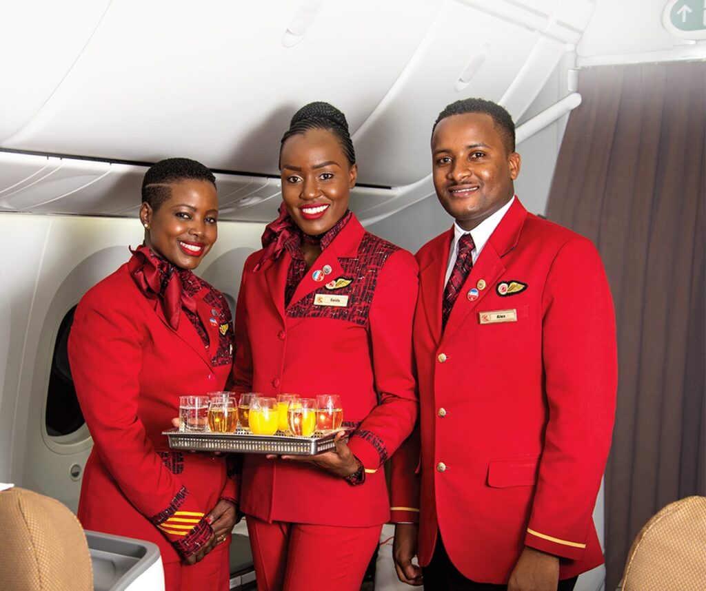 Kenya Airways female and male Cabin Crew members.