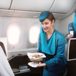 Oman Air female Cabin Crew serving passenger.