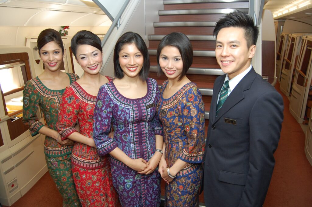 Singapore Airlines cabin crew members inside the Airbus A380