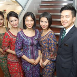 Singapore Airlines cabin crew members inside the Airbus A380