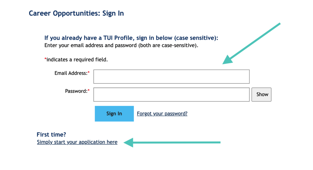 TUI Cabin Crew application registration.