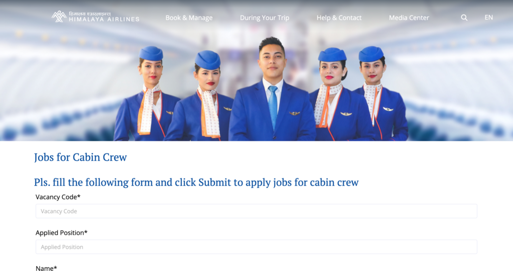 Himlaya Airlines Cabin Crew application form.