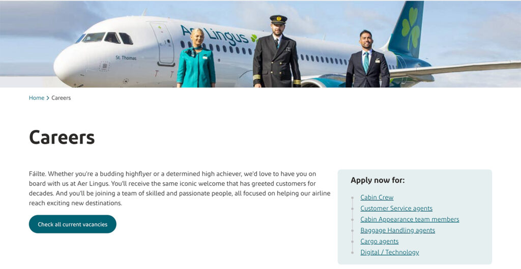 Aer Lingus Careers Page.