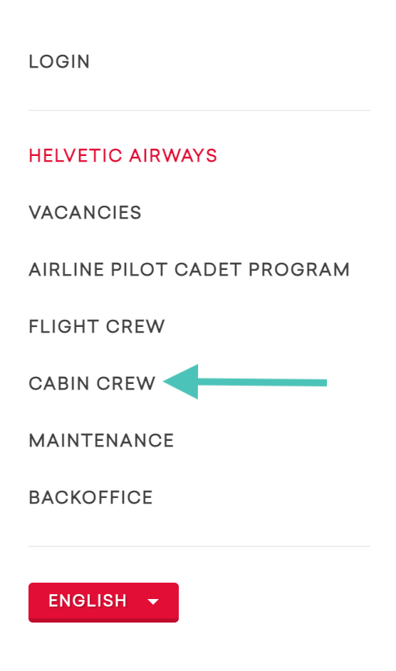 Helvetic Airways Career Page menu.