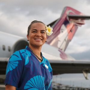 Hawaiian Airlines female Flight Attendant on tarmac.