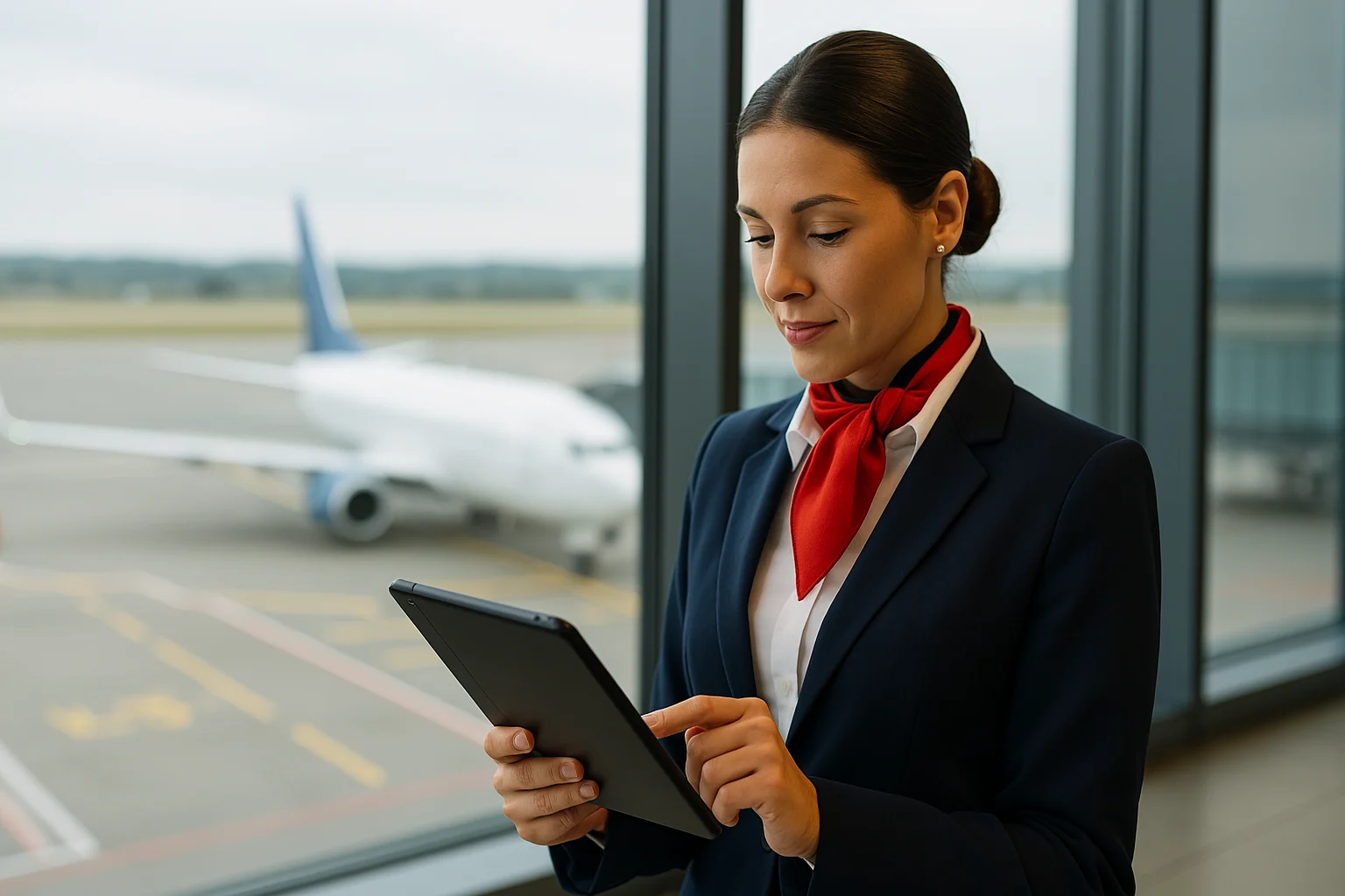 Flight attendant checking cabin crew schedule on tablet at airport terminal.