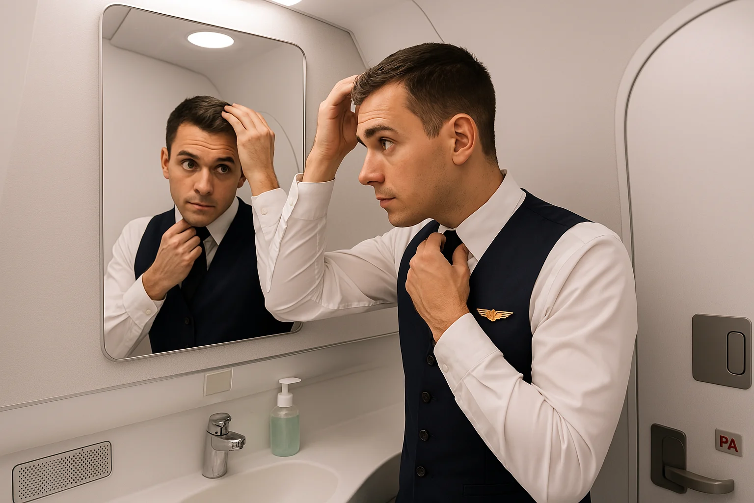 Male Flight Attendant Grooming Before Flight.