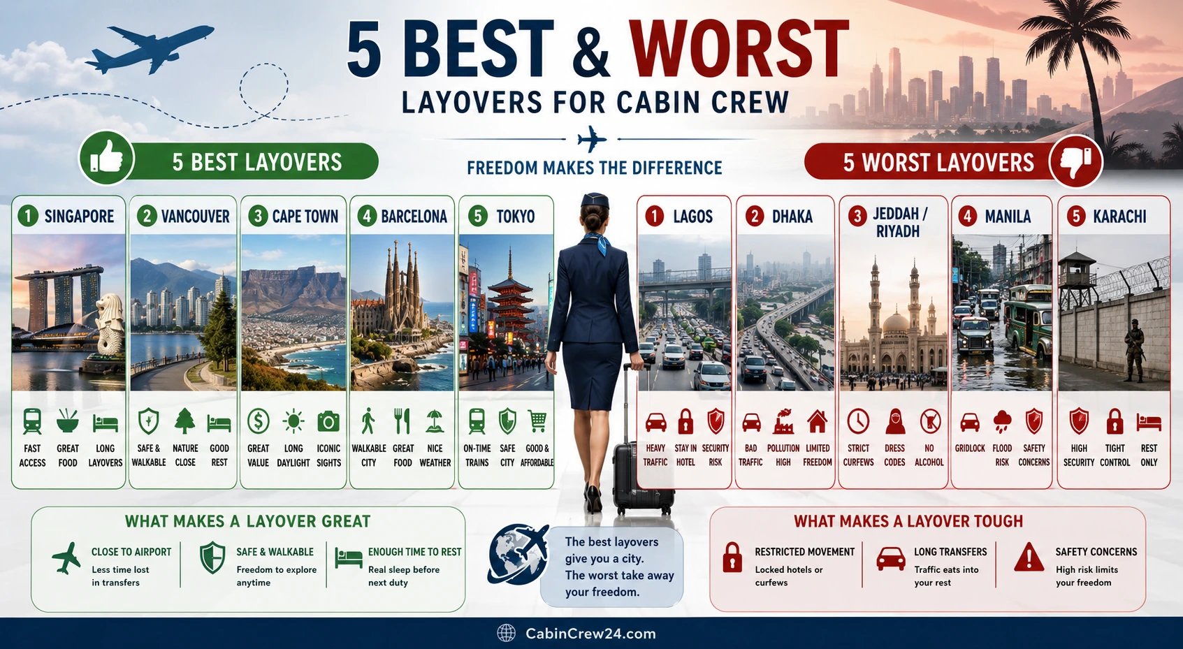 Infographic comparing the five best and five worst layover destinations for cabin crew.