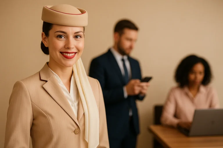 Flight attendant in beige uniform working on a laptop at the airport, representing side hustles for flight attendants.