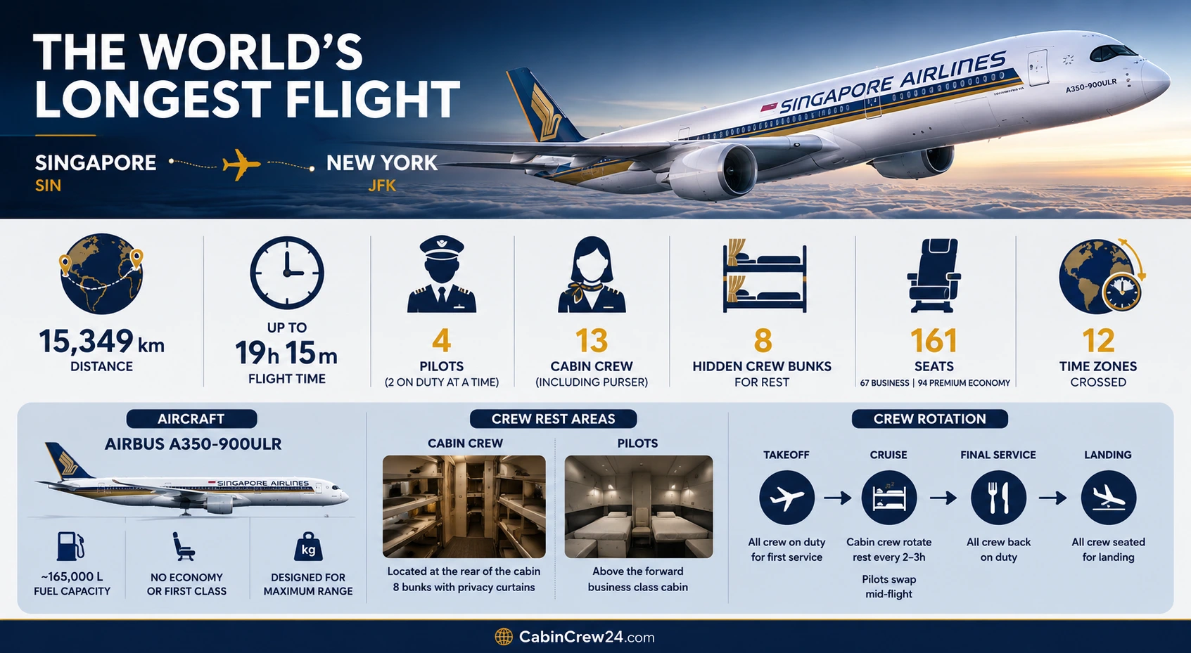 Infographic showing how cabin crew work on the world's longest commercial flight between Singapore and New York, including flight time, crew numbers, rest bunks, and rotation schedule.