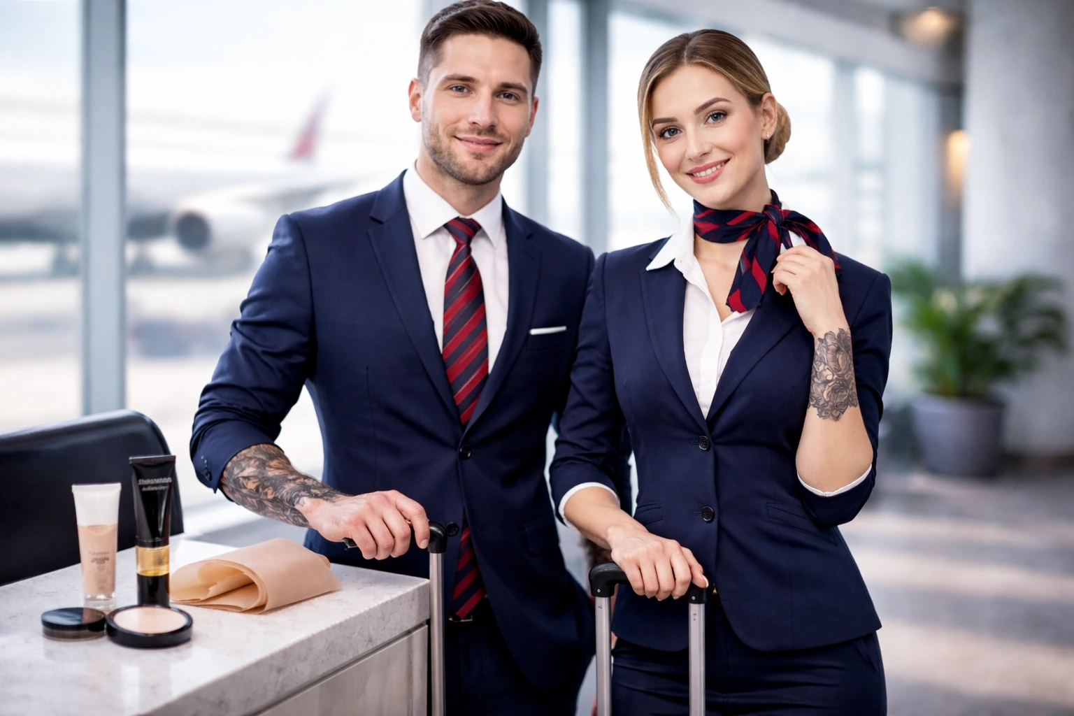 Male and female flight attendants in uniform showing tattoos and tattoo cover-up products at an airport.