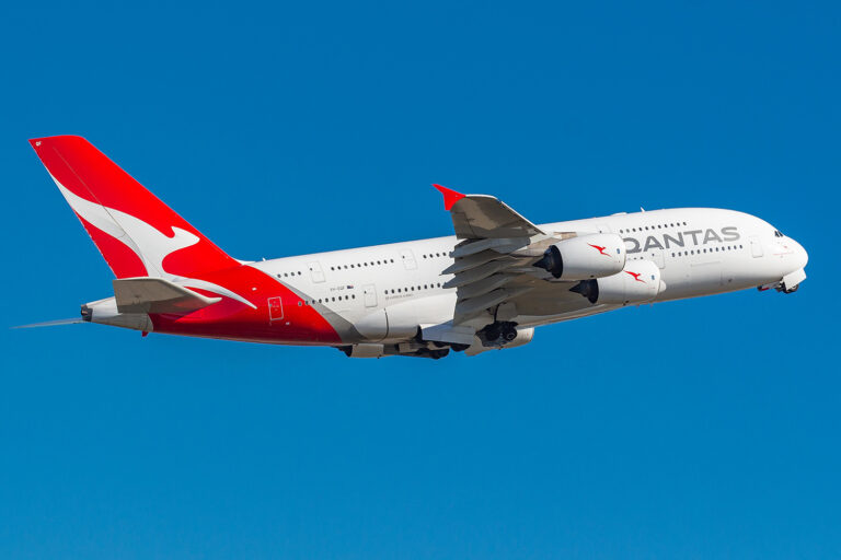 Qantas Airbus A380 taking off at Sydney Airport.