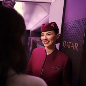 Qatar Airways Cabin Crew Welcoming Passengers